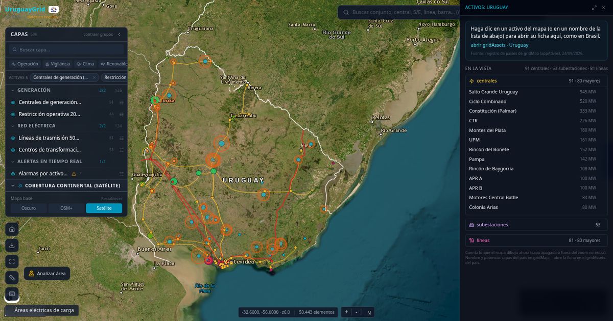 Pantalla de gridOne en alcance Uruguay: mapa de la red y, a la derecha, la lista de centrales, subestaciones y líneas en la vista