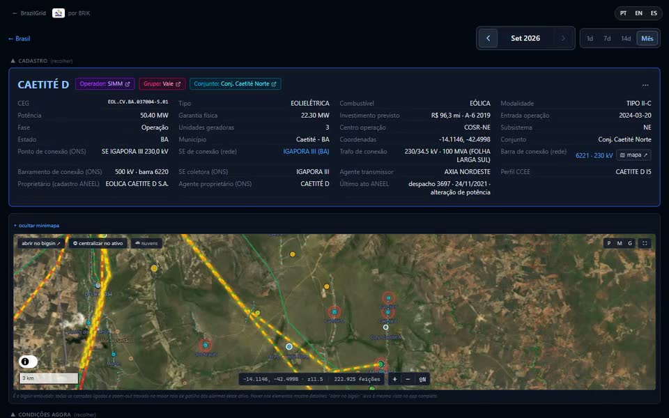 Animación: en la portada de gridAssets se escribe “Caetite D” en el buscador; aparece el resultado CAETITÉ D [EOL] y el clic abre la ficha de la planta, con el cuadro de registro y la producción actual.
